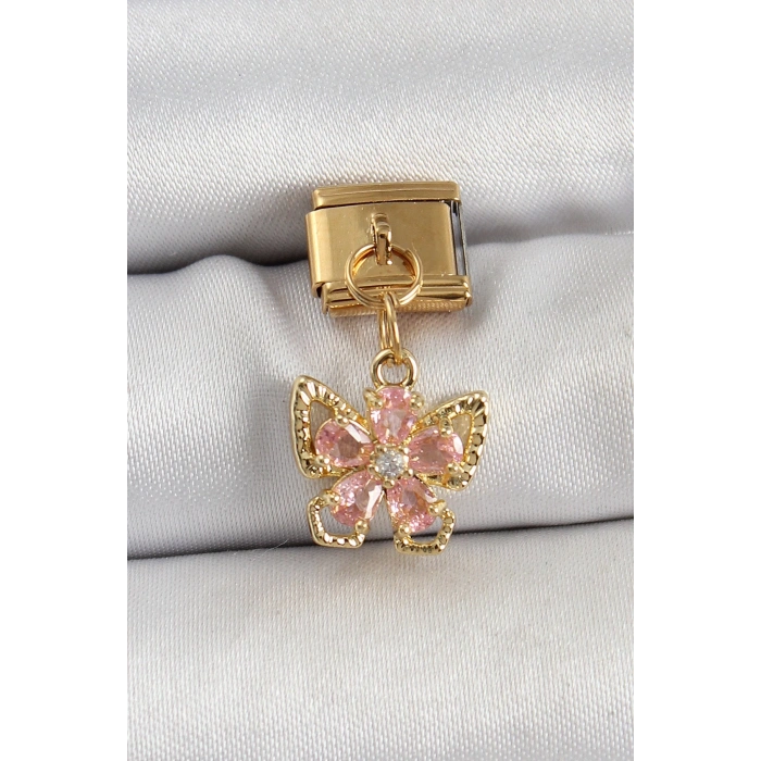 Mey İthalat® 316L Çelik Sallantılı Zirkon Taşlı Çiçek Figürlü Kelebek Model Gold Renk Nomination Charm