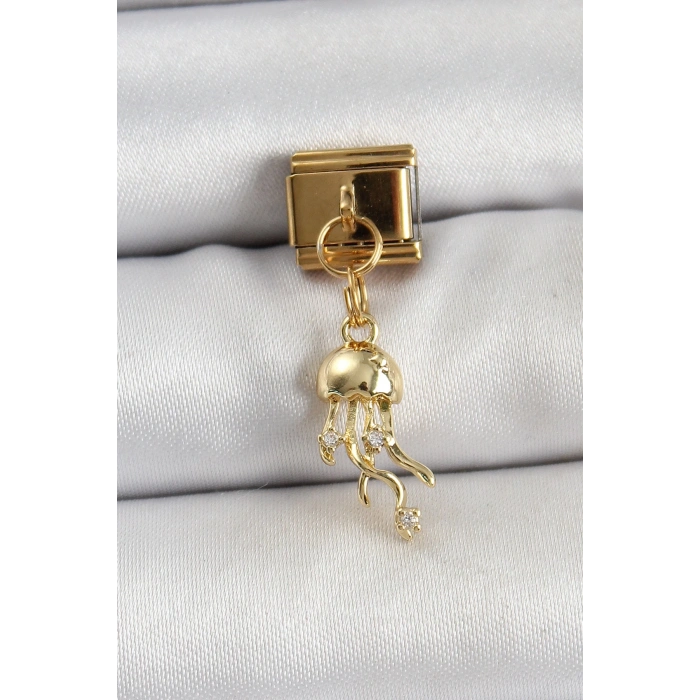 Mey İthalat® 316L Çelik Sallantılı Zirkon Taşlı Deniz Anası Model Gold Renk Nomination Charm