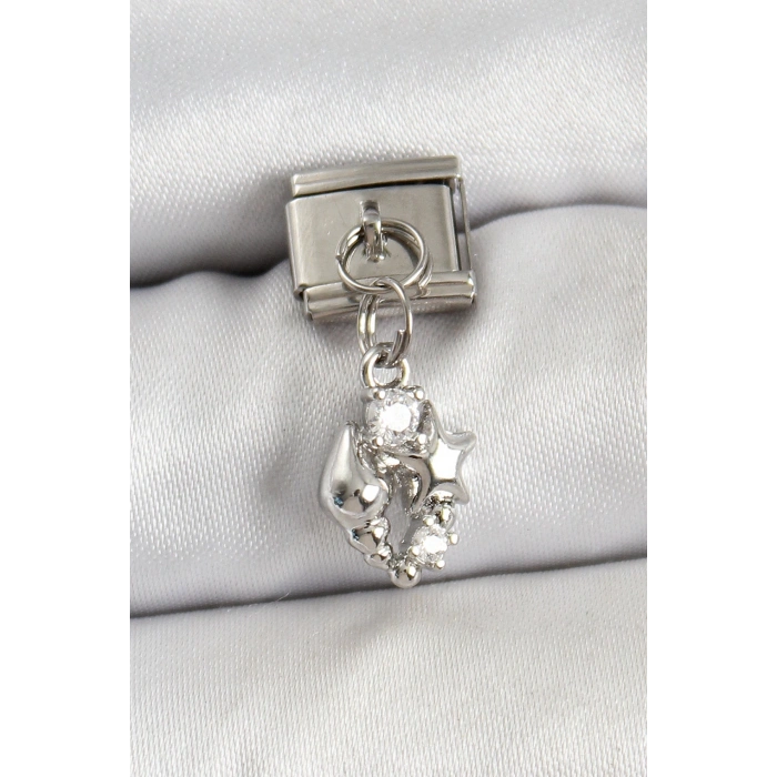 Mey İthalat® 316L Çelik Sallantılı Zirkon Taşlı Deniz Kabuğu Ve Yıldız Model Gümüş Renk Nomination Charm