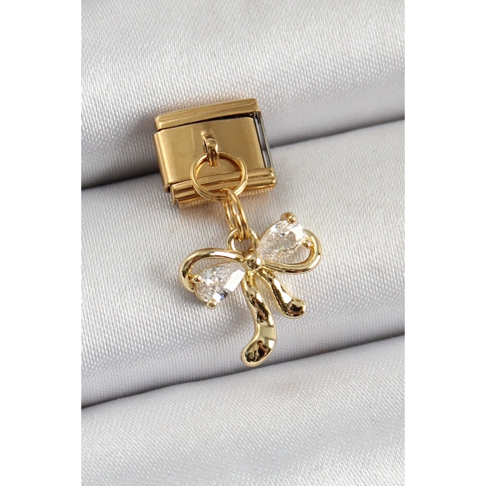 Mey İthalat® 316L Çelik Sallantılı Zirkon Taşlı Fiyonk Model Gold Renk Nomination Charm