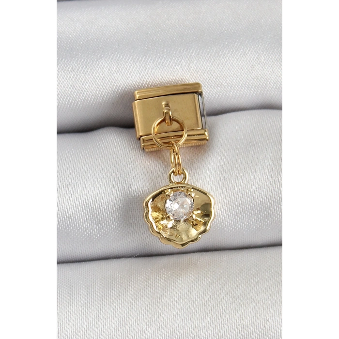 Mey İthalat® 316L Çelik Sallantılı Zirkon Taşlı İstiridye Model Gold Renk Nomination Charm