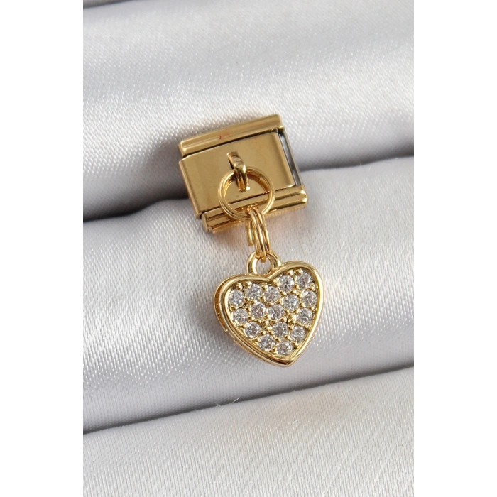 Mey İthalat® 316L Çelik Sallantılı Zirkon Taşlı Kalp Model Gold Renk Nomination Charm