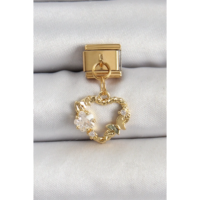 Mey İthalat® 316L Çelik Sallantılı Zirkon Taşlı Kalp Model Gold Renk Nomination Charm