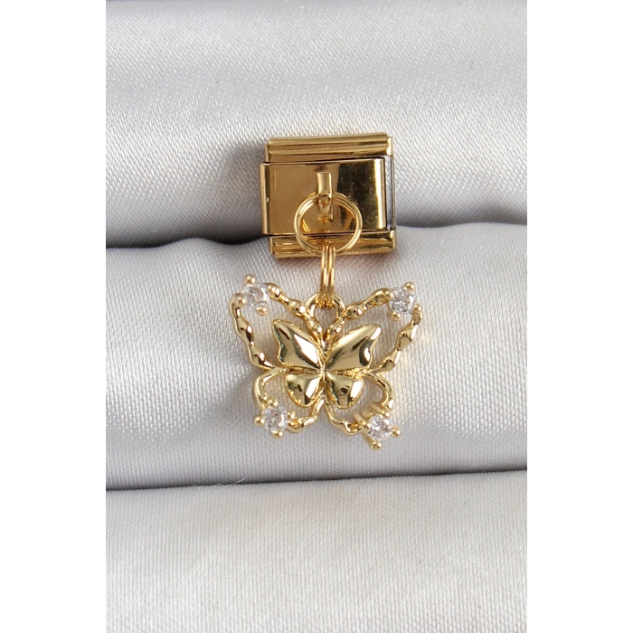Mey İthalat® 316L Çelik Sallantılı Zirkon Taşlı Kelebek Model Gold Renk Nomination Charm