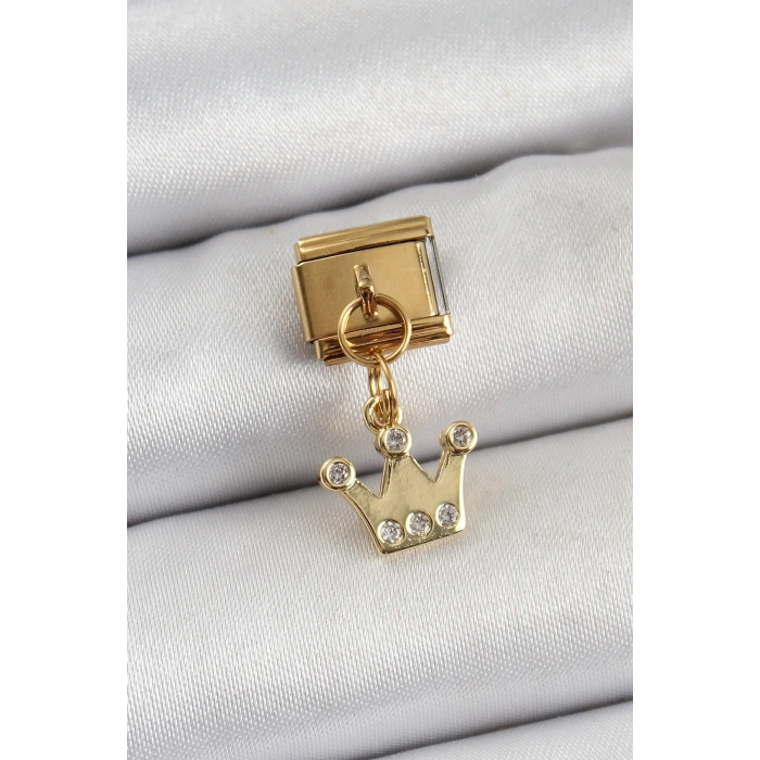 Mey İthalat® 316L Çelik Sallantılı Zirkon Taşlı Kraliçe Tacı Model Gold Renk Nomination Charm