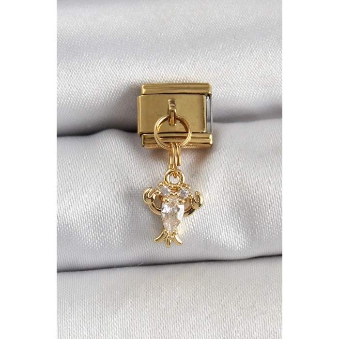 Mey İthalat® 316L Çelik Sallantılı Zirkon Taşlı Yengeç Model Gold Renk Nomination Charm