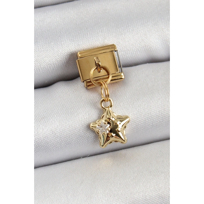 Mey İthalat® 316L Çelik Sallantılı Zirkon Taşlı Yıldız Model Gold Renk Nomination Charm