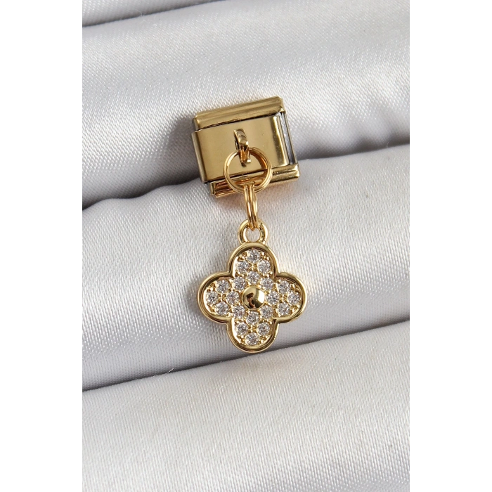 Mey İthalat® 316L Çelik Sallantılı Zirkon Taşlı Yonca Model Gold Renk Nomination Charm