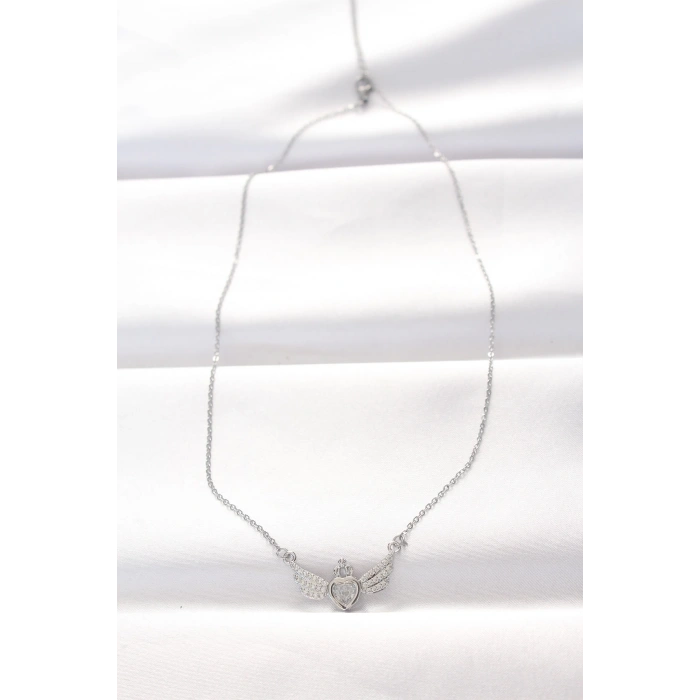 Mey İthalat® 316L Çelik Silver Renk Zirkon Taşlı Kalpli Kanat Kolye