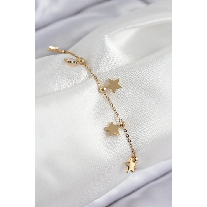 Mey İthalat® 316L Çelik Sıralı Yıldız Model Gold Renk Kadın Bileklik