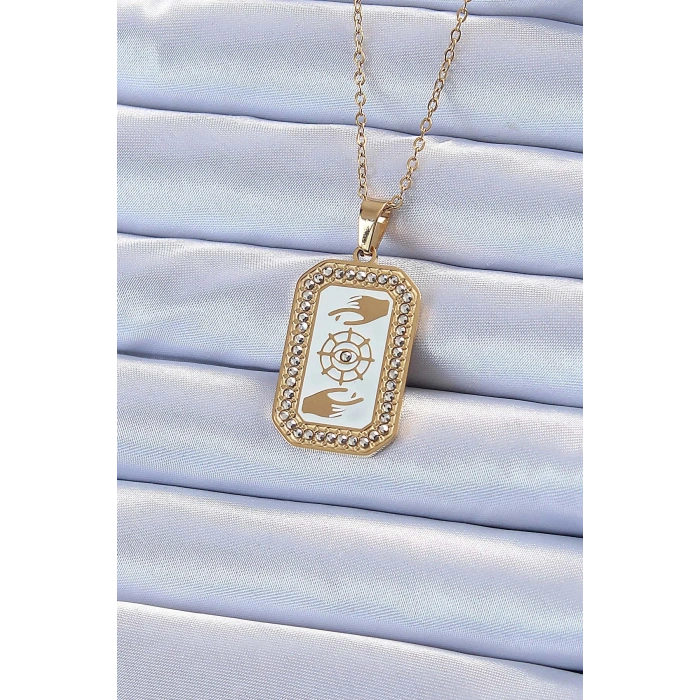 Mey İthalat® 316L Çelik Zincir Altın Renk Mineli Zirkon Taşlı Göz Figür Tarot Kolye