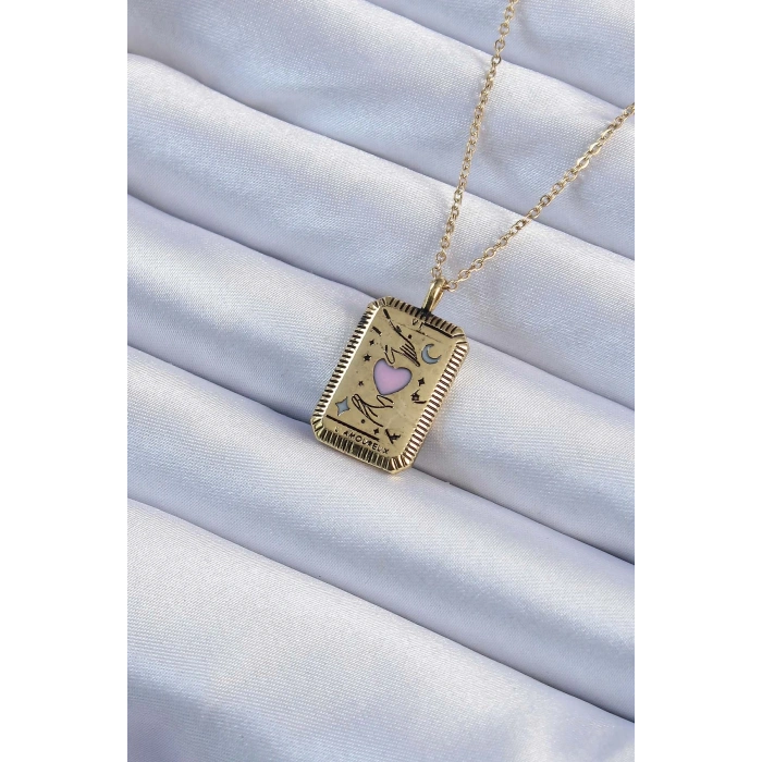 Mey İthalat® 316L Çelik Zincir Eskitme Altın Renk Pembe Mineli Kalp Figürlü Tarot Kolye