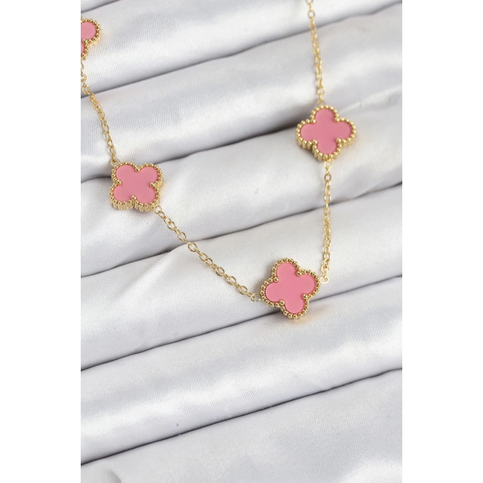 Mey İthalat® 316L Çelik Zincir Gold Pembe Renk Yonca Kadın Kolye