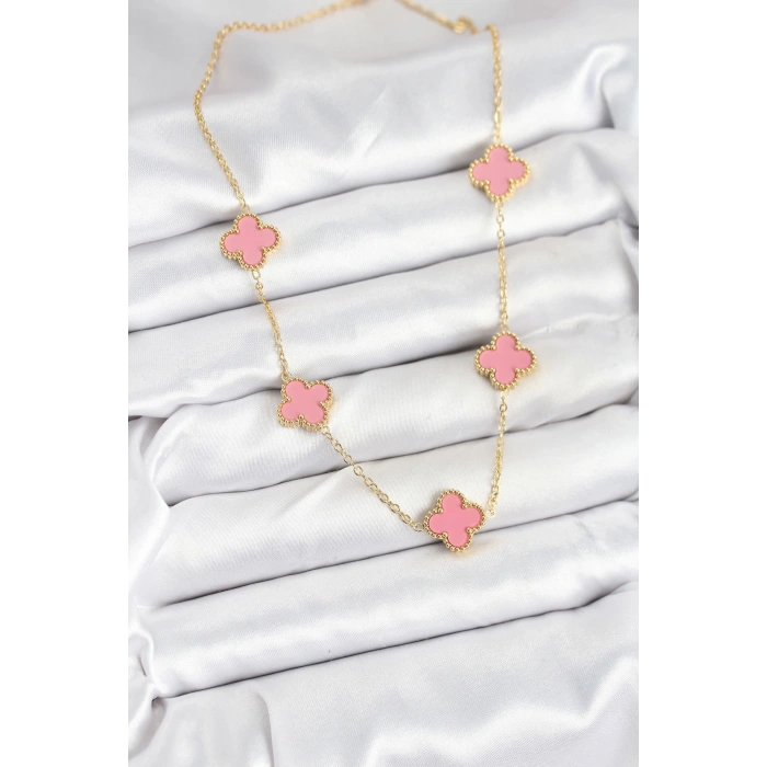 Mey İthalat® 316L Çelik Zincir Gold Pembe Renk Yonca Kadın Kolye