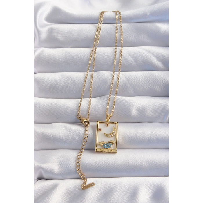 Mey İthalat® 316L Çelik Zincir Gold Renk Ay Detay Mavi Zirkon Taşlı Tarot Kolye