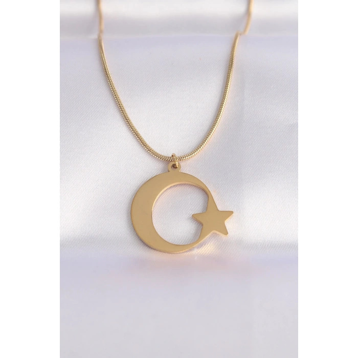 Mey İthalat® 316L Çelik Zincir Gold Renk Ay Yıldız Unisex Kolye