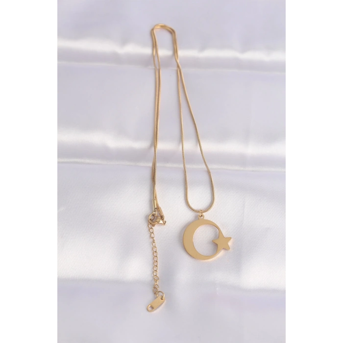 Mey İthalat® 316L Çelik Zincir Gold Renk Ay Yıldız Unisex Kolye