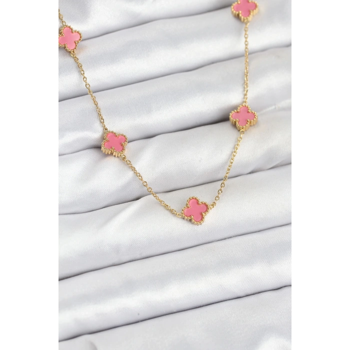 Mey İthalat® 316L Çelik Zincir Gold Renk Pembe Baby Boy Yonca Kadın Kolye