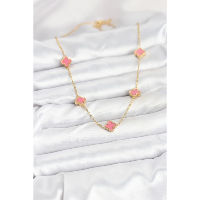 Mey İthalat® 316L Çelik Zincir Gold Renk Pembe Baby Boy Yonca Kadın Kolye