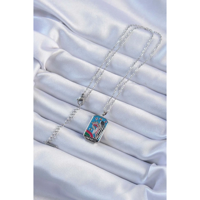 Mey İthalat® 316L Çelik Zincir Gümüş Renk Taç ve Kız Figürlü Renkli Mineli Tarot Kolye