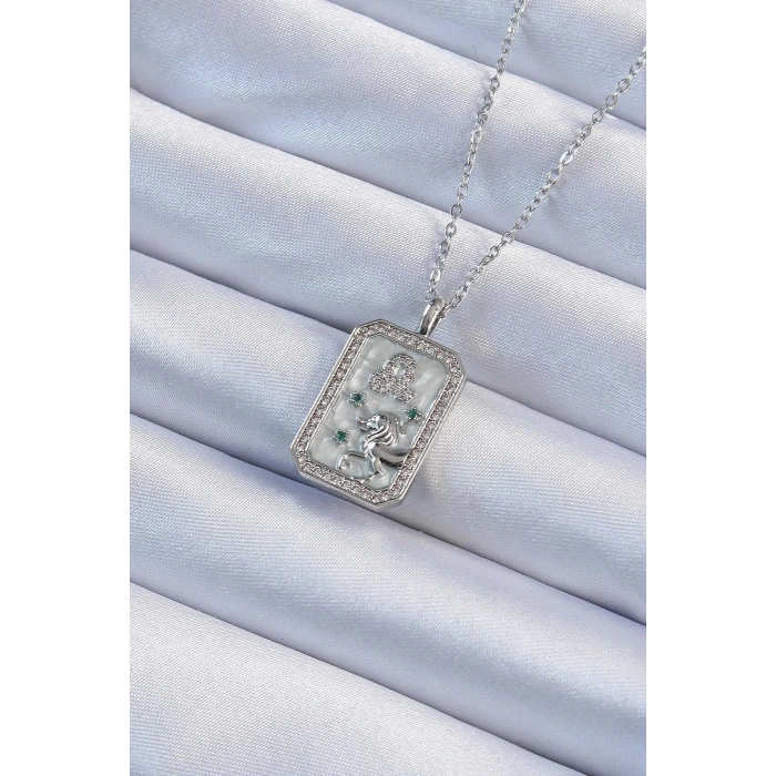 Mey İthalat® 316L Çelik Zincir Gümüş Renk Zirkon Taşlı Aslan Figürlü Tarot Kolye
