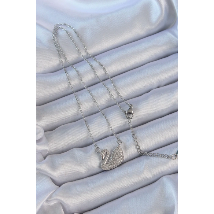 Mey İthalat® 316L Çelik Zincir Gümüş Renk Zirkon Taşlı Kuğu Kolye