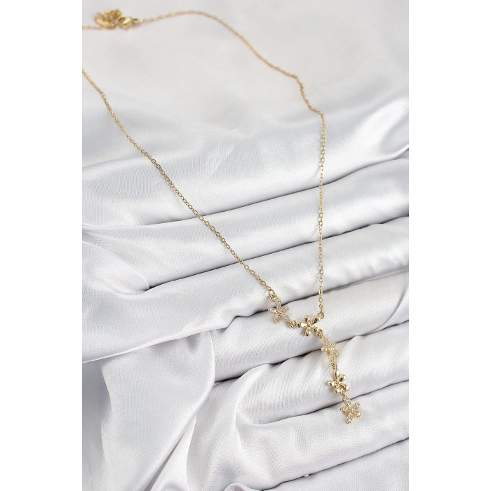 Mey İthalat® 316L Çelik Zirkon Taşlı Çiçek Model Gold Renk Kadın Kolye