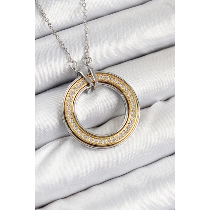 Mey İthalat® 316L Çelik Zirkon Taşlı Dönen Daire Model Gold Ve Gümüş Renk Kadın Kolye