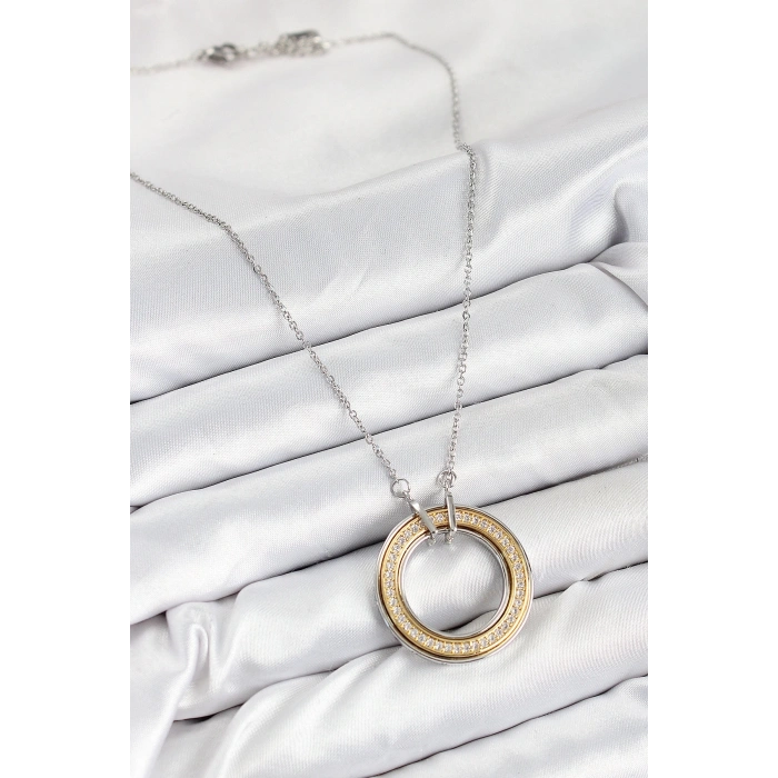 Mey İthalat® 316L Çelik Zirkon Taşlı Dönen Daire Model Gold Ve Gümüş Renk Kadın Kolye