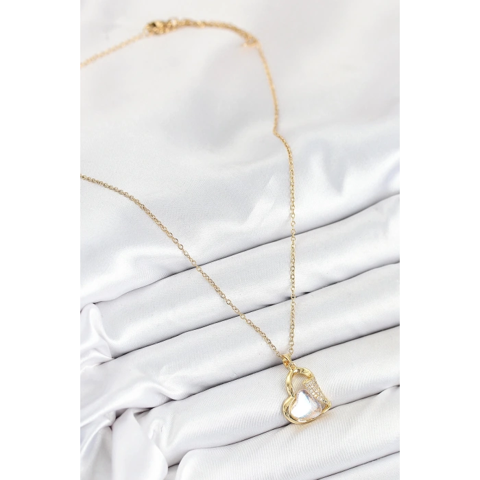 Mey İthalat® 316L Çelik Zirkon Taşlı Kalp Model Gold Renk Kadın Kolye
