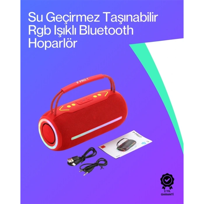 Mey İthalat® 360 RGB LEDli Taşınabilir Bluetooth Hoparlör – Kırmızı, USB/TF Destekli