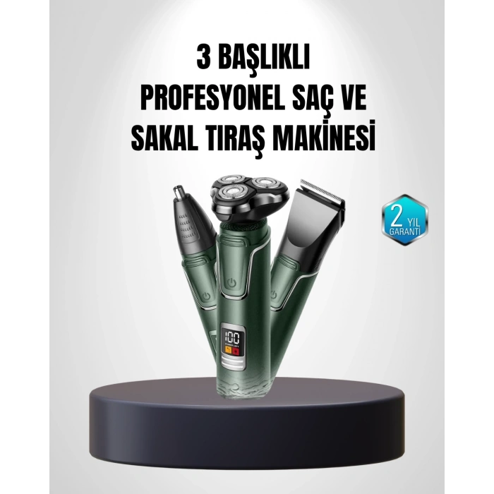 Mey İthalat® 3D Akıllı Kesim Teknolojili Şarjlı Tıraş Seti – 3 Başlıklı, Paslanmaz Çelik Bıçaklı