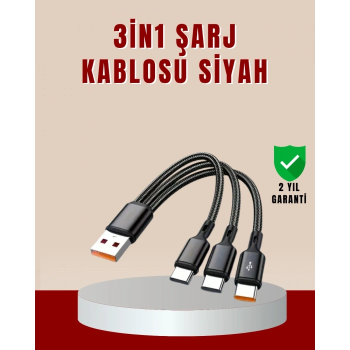 Mey İthalat® 3’ü 1 Arada Hızlı Şarj Kablosu – iOS Android Type-C Uyumlu