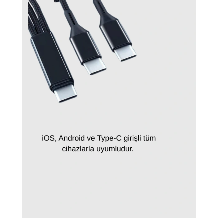 Mey İthalat® 3’ü 1 Arada Hızlı Şarj Kablosu iOS Android Type-C Uyumlu ve Dayanıklı