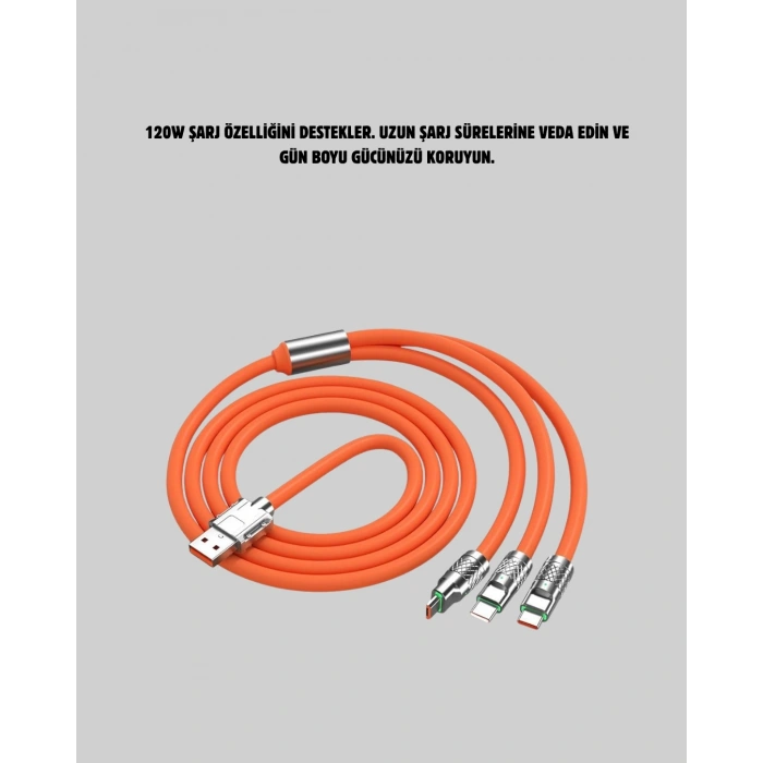 Mey İthalat® 3’ü 1 Arada Kablo – 120W Hızlı Şarj ve Veri Aktarımı Özellikli