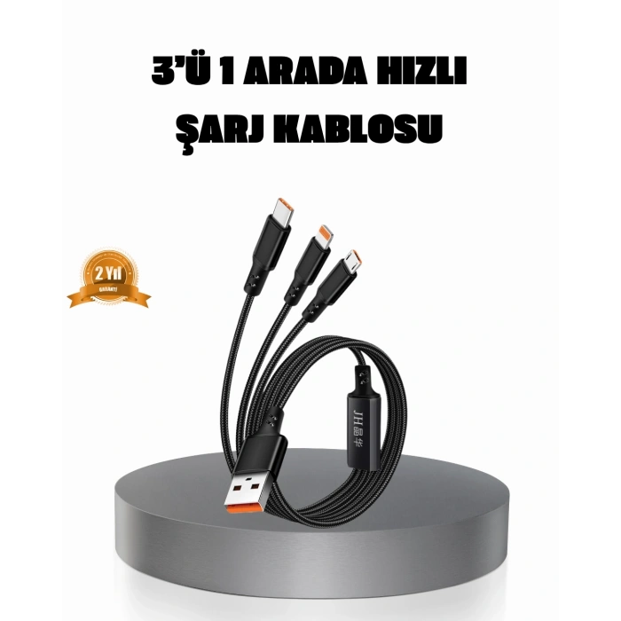 Mey İthalat® 3’ü 1 Arada Şarj Kablosu Type-C iOS Android Uyumlu Hızlı ve Güvenli Şarj
