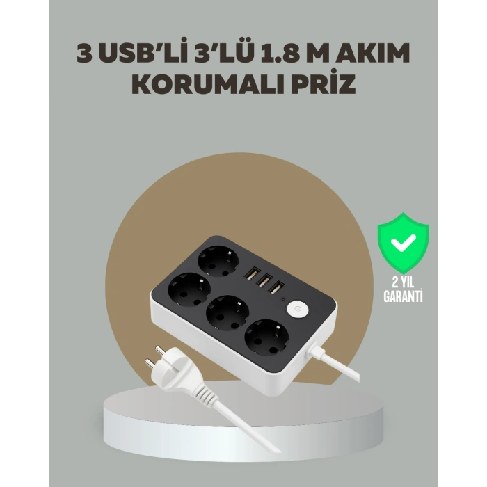Mey İthalat® 4 Prizli 3 USB Portlu Anahtarlı Akım Korumalı Priz