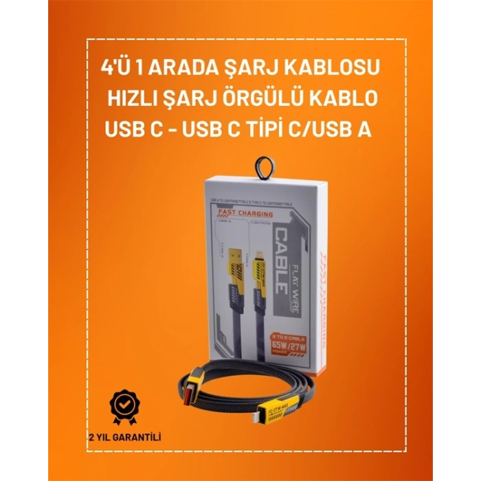 Mey İthalat® 4ü 1 Arada USB Hızlı Şarj ve Veri Kablosu – 65W Güç, Çoklu Bağlantı, 1.2m