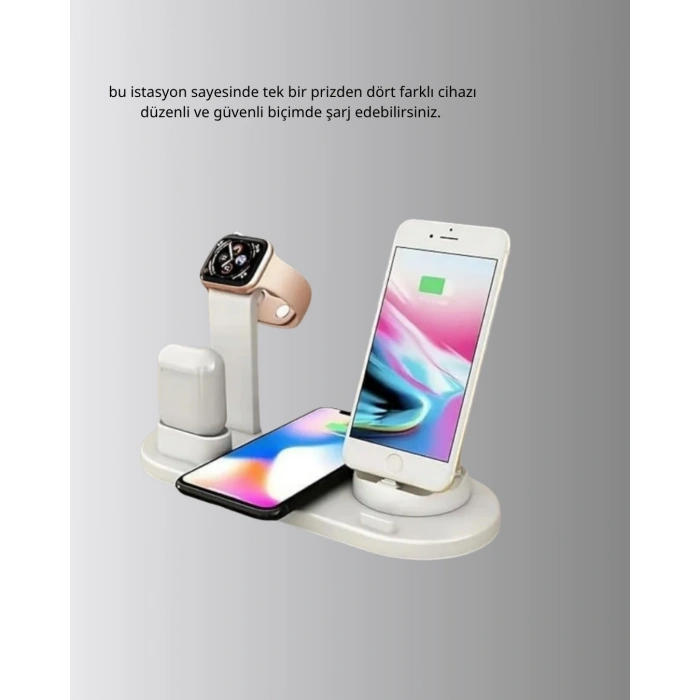 Mey İthalat® 4’lü Apple Kablosuz Şarj Standı iPhone Watch ve AirPods Çoklu Şarjlı