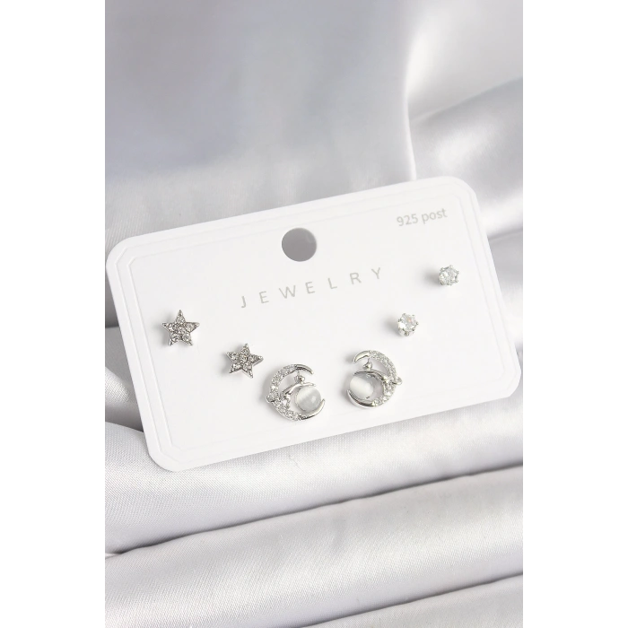 Mey İthalat® 925 Ayar Gümüş Çivi Zirkon Taşlı Hilal Yıldız Model Kadın Küpe Seti