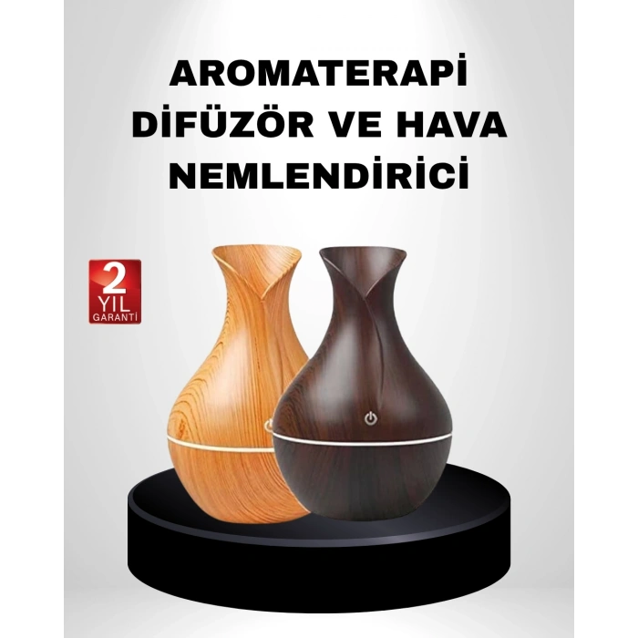 Mey İthalat® Ahşap Desenli Aromaterapi Difüzör 130 ml Ultrasonik ve 7 Renk LED Işıklı