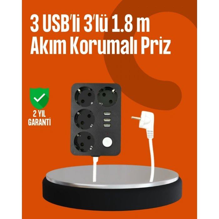 Mey İthalat® Akım Korumalı 3 USB Portlu 4’lü Priz 4.1A Hızlı Şarj