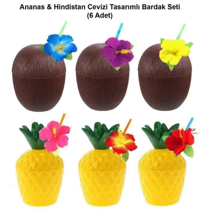 Mey İthalat® Ananas&Hindistan Cevizi Tasarımlı Pipetli Bardak Seti (6 Adet)