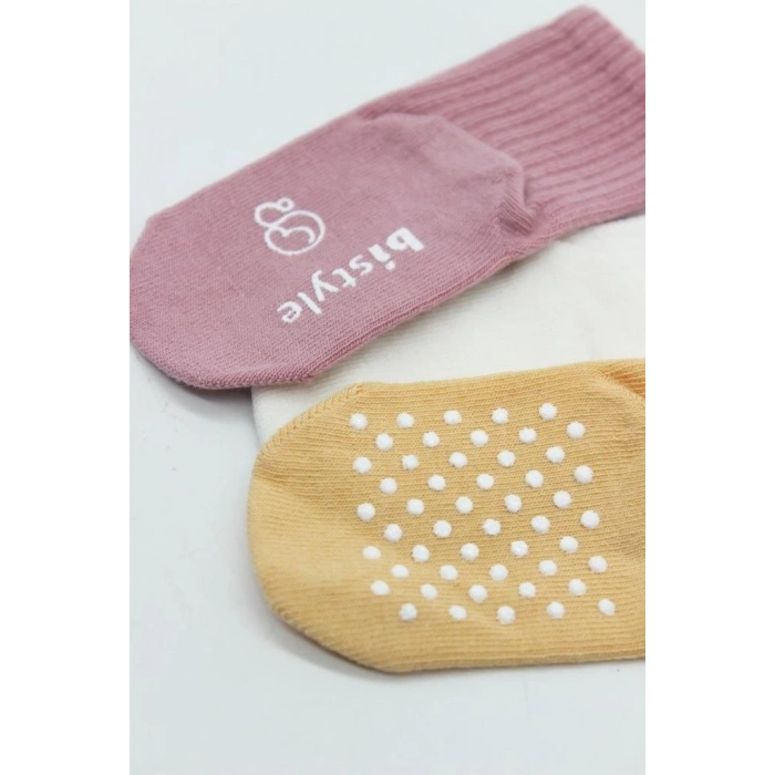 Mey İthalat®   Basic Kaymaz Penye Soket Çorap 3Lü BS10107 Pudra Ekru Somon