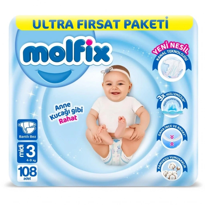 Mey İthalat®   Bebek Bezi Ultra Fırsat Paketi 3 Beden 4-9 Kg 108 Adet