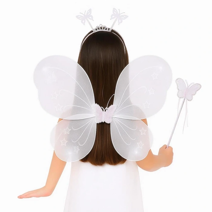 Mey İthalat® Beyaz Kelebek Kız Seti – 50 cm Kelebek Kanadı, Taç ve Asa