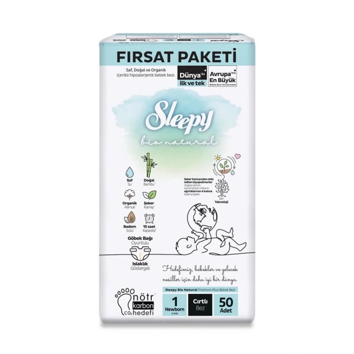 Mey İthalat®   Bio Natural Bebek Bezi Fırsat Paketi 1 Beden 2-5 Kg 50 Adet