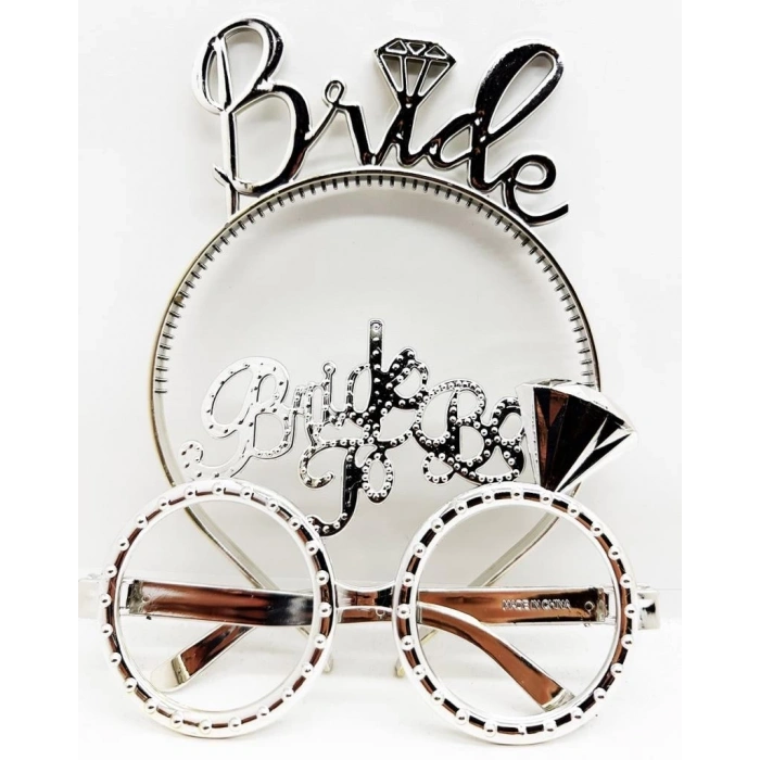 Mey İthalat® Bride Yazılı Taç ve Bride To Be Yazılı Gözlü  Seti Gümüş Renk
