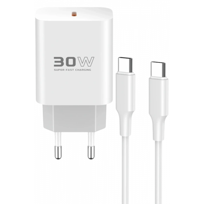 Mey İthalat®  C87C 30W Type-C Çıkışlı Ekstra DL51 1M Type-C to Type-C Kablolu PD Şarj Cihazı - Beyaz