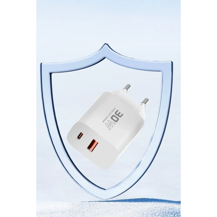 Mey İthalat®  C89Q 1 Adet 30W Type-C ve 1 Adet 22.5W USB Çıkışlı Ekstra DL48 1M USB to Lightning Kablolu PD Şarj Cihazı - Beyaz